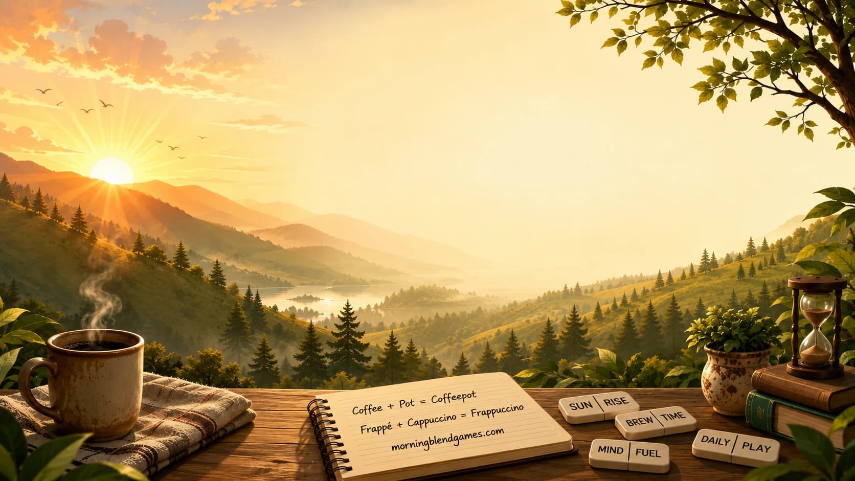 A steaming mug of coffee and a notebook of word-blend puzzles on a wooden table, overlooking a misty mountain sunrise